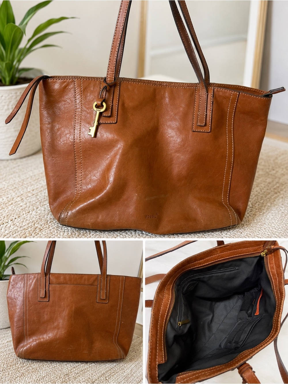Fossil Cognac Leather Tote with Key Charm